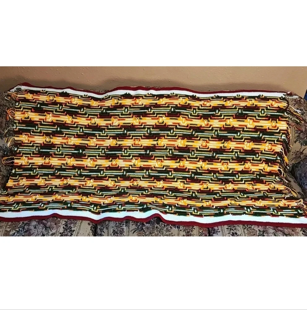 Retro 70s Fringed Crochet Blanket Scarf Wrap Shawl Handmade Lap Throw Fall 36/72
